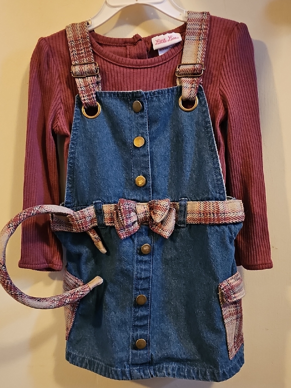 BOGO 🎀 Little Lass Denim Pinafore Dress with Mauve Ribbed Top & Headband